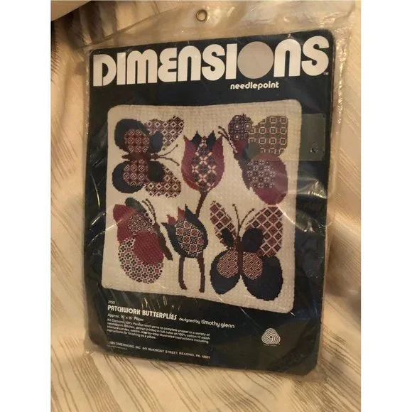 Dimensions Needlepoint Patchwork Butterflies Pillow Kit 16x16 Vintage 1980 2132 - Picture 1 of 4